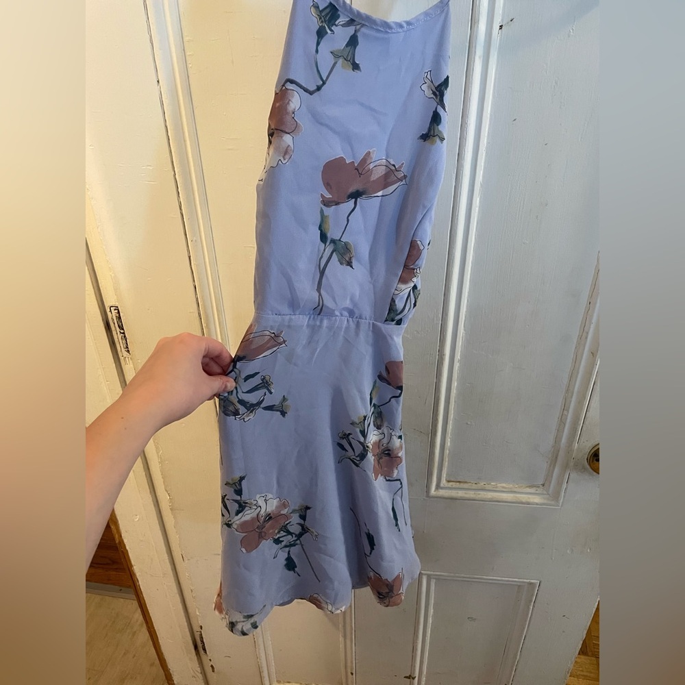 Lulu’s Cherished Moment Dusty Blue Floral Print Lace-Up Skater Dress | size sm - Picture 4 of 6